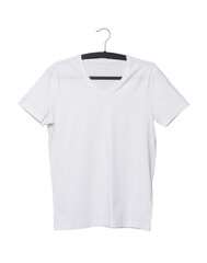 White V-neck T-shirt displayed on ahanger, isolated on a clean white background, ideal for design...