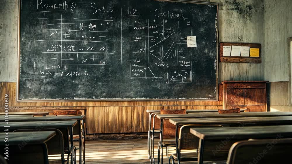 Poster an empty classroom setting is portrayed, with a prominent blackboard full of math equations and diag