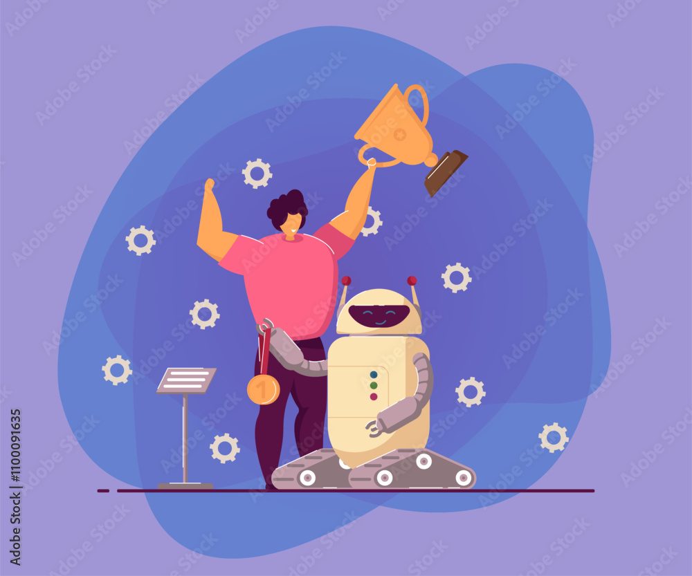 Poster child winning programming competition with electronic robot. flat vector illustration. young enginee