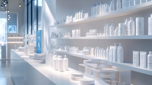 Innovative skincare products display modern store product showcase minimalist environment bright viewpoint beauty concept