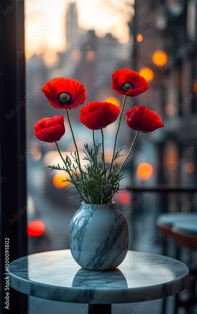 Poster a vase of red flowers sits on a table in front of a city skyline. the flowers are arranged in a way 