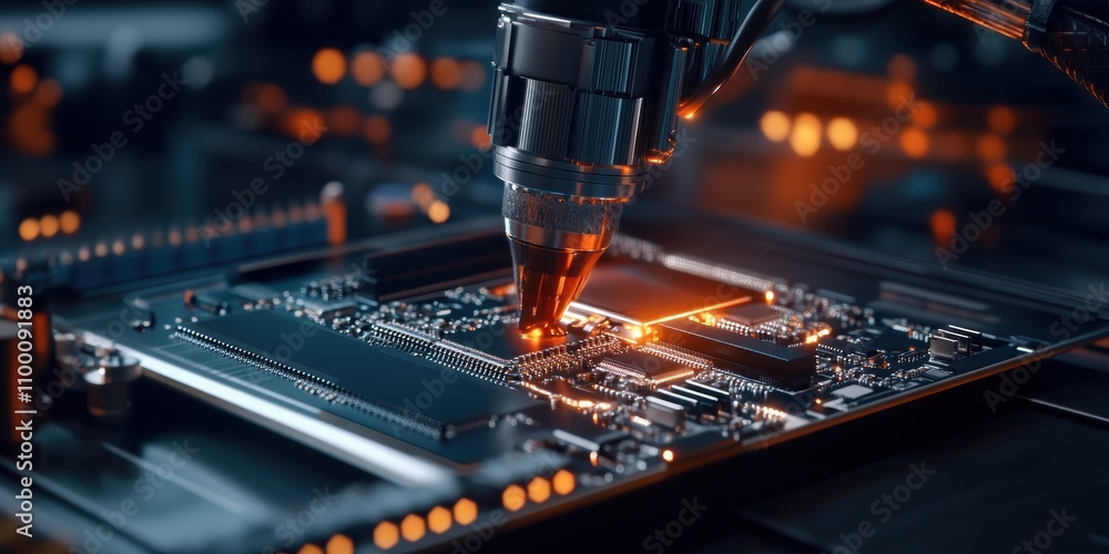 Poster precision automated machine arm calibrating and assembling electronics in a high-tech environment