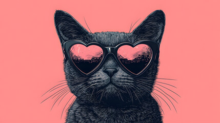 Cute Cat in Heart Sunglasses, Valentine's Day Feline, Kawaii Cat Print, Cat Lover Gift, Pet Wall Art, Cat Aesthetic Decor