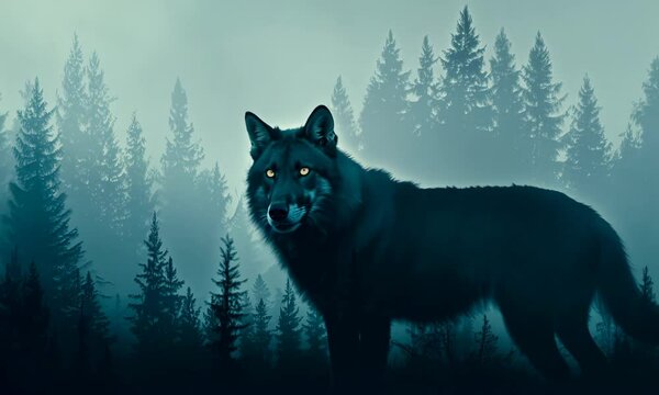 Double exposure of a wolf silhouette and a foggy forest creating an artistic image