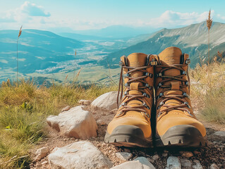 pair of hiking boots resting on rocks in the wilderness