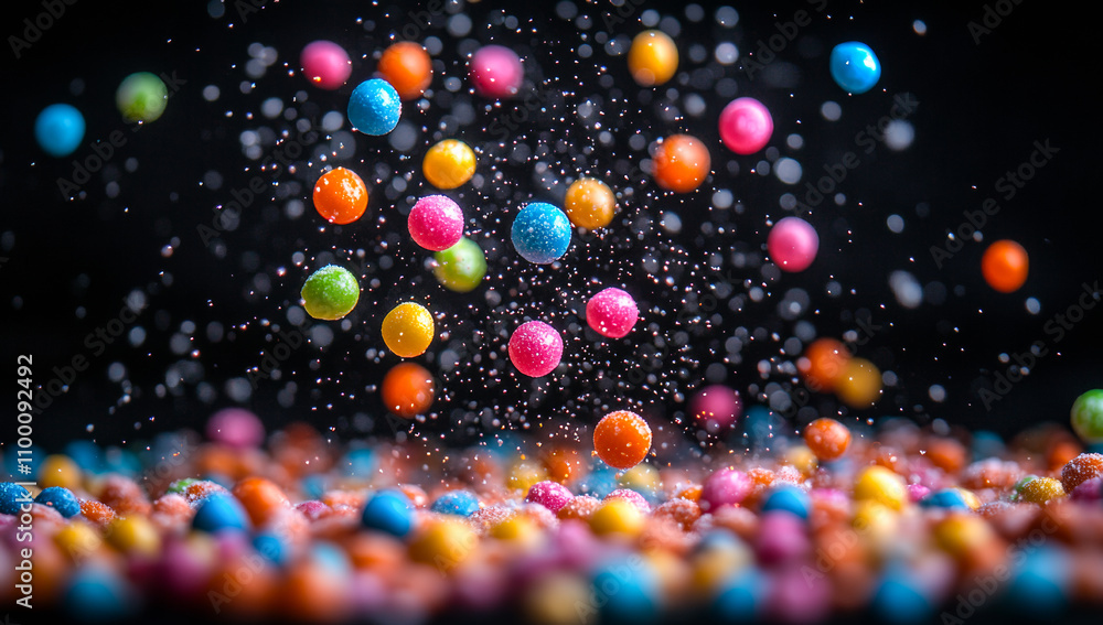 Poster a colorful pile of candy balls is falling from the sky. the candy balls are of different colors and 