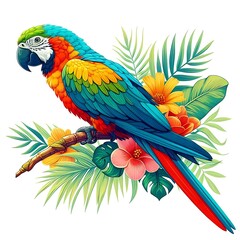 Obraz premium Vibrant parrot amidst tropical foliage and flowers.