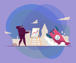 Obraz premium Confused employee facing business failure. Flat vector illustration. Businessman looking at diagram near crushed rocket symbolizing bankrupt or strategy fail. Business, startup, problem concept