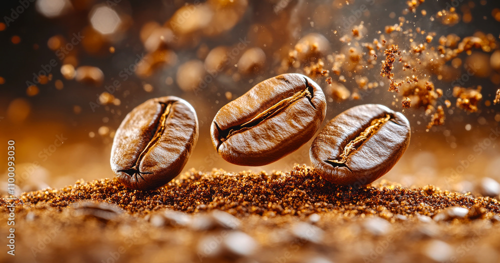 Poster three coffee beans are scattered on a brown surface. the beans are in different positions, with one 