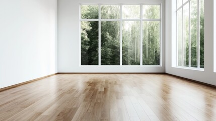 Fototapeta premium Spacious empty room with large windows providing natural light and view of green trees, featuring a light-colored hardwood floor and clean white walls