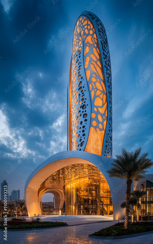 Poster a tall building with a large archway and a palm tree in front. the building is lit up and has a uniq