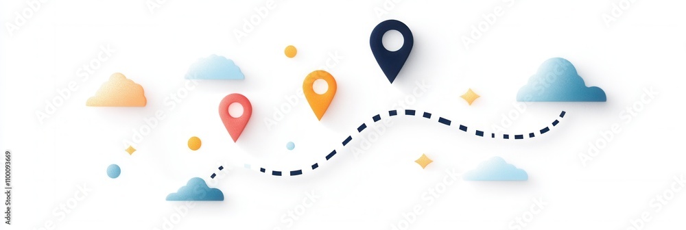 Aufkleber a graphic featuring colorful location pins and clouds, suggesting a journey or navigation theme in a