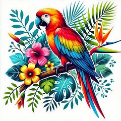 Obraz premium Colorful parrot amidst tropical foliage and flowers.