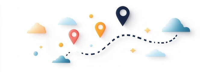 A graphic featuring colorful location pins and clouds, suggesting a journey or navigation theme in a minimalist design.