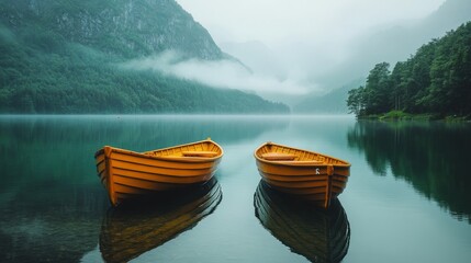 Obraz premium Two Wooden Boats on a Misty Mountain Lake