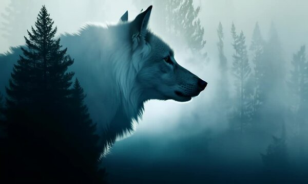 Double exposure of a wolf silhouette and a foggy forest creating an artistic image