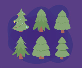 Obraz premium Fir trees of different shapes vector illustrations set. Cartoon drawings of spruce for Christmas, tree with baubles and garland isolated on white background. Nature, Christmas, winter holidays concept