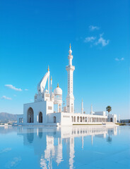 Naklejka premium Modern white mosque with sleek design reflected in clear water
