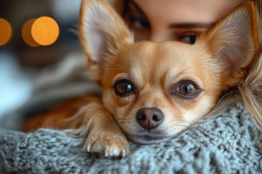 Close-up of a woman cuddling her adorable chihuahua dog.
