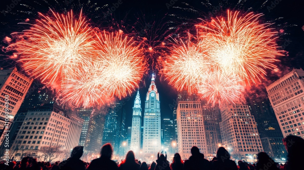 Aufkleber crowd watching fireworks exploding over skyscrapers in downtown square during new year's eve celebra