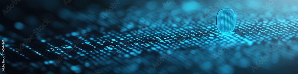 Poster a digital landscape featuring glowing blue binary code, suggesting themes of technology, data, and c