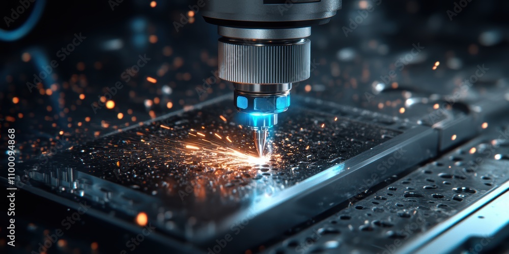 Poster cnc cutting action industrial workshop technology process high-tech environment close-up view precis