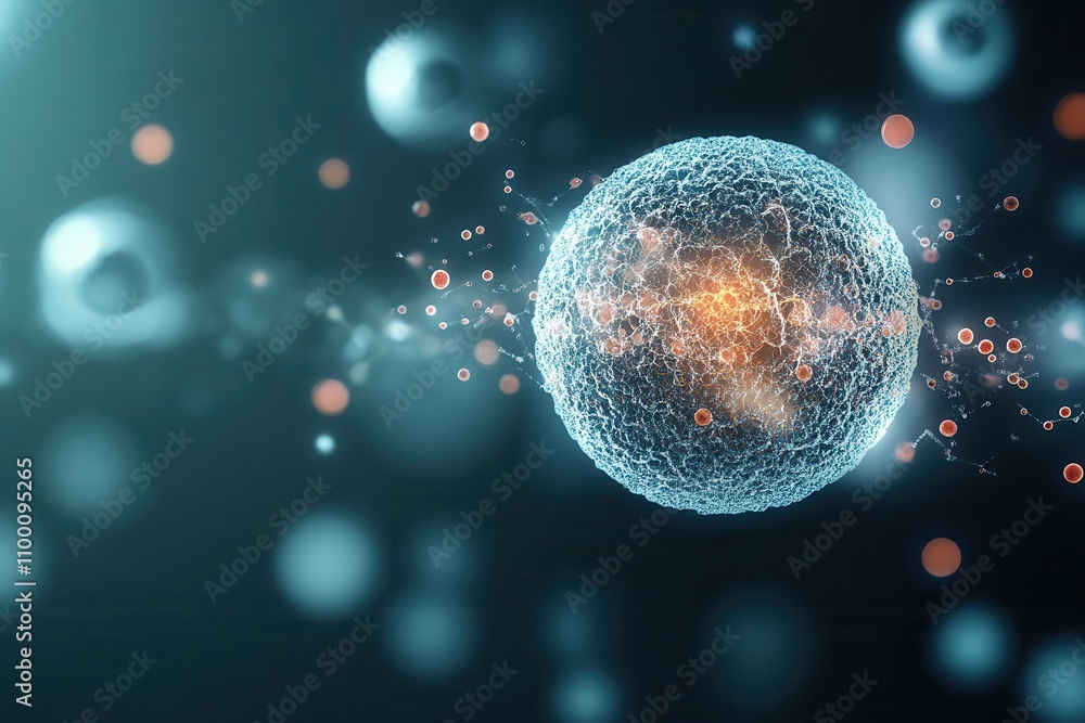 Poster An abstract depiction of a cell or atom, showcasing vibrant colors and intricate patterns against a dark background, symbolizing the essence of life and science.