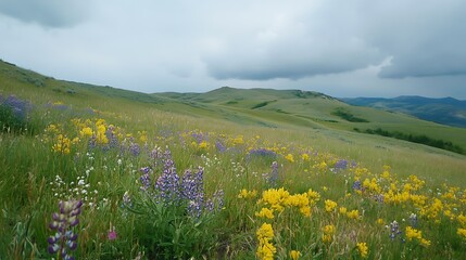 Fototapeta premium Rolling hills covered with wildflowers under a cloudy sky