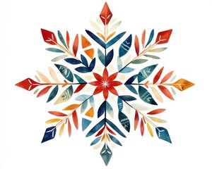 Colorful artistic snowflake design with leaves and floral elements.