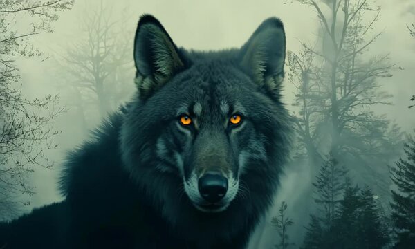 Double exposure of a wolf silhouette and a foggy forest creating an artistic image