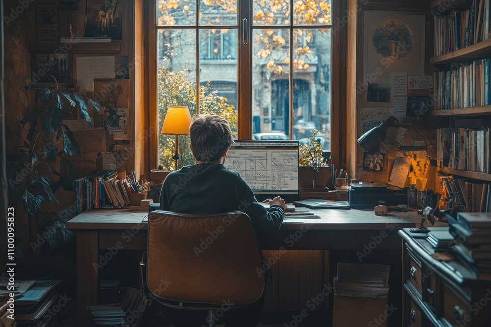 Aufkleber a person working at a desk with a computer, surrounded by books and a cozy window view.