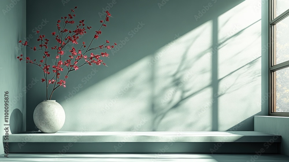 Poster a serene interior scene featuring a vase with red branches and soft shadows from a window.