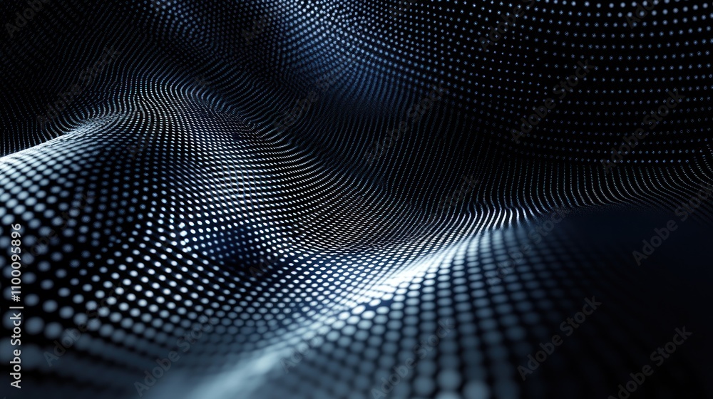 Poster Abstract representation of flowing waves with dotted patterns in a dark, textured space.