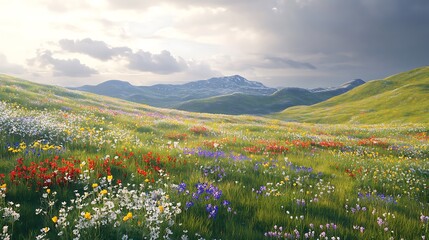 Rolling hills covered with wildflowers under a cloudy sky
