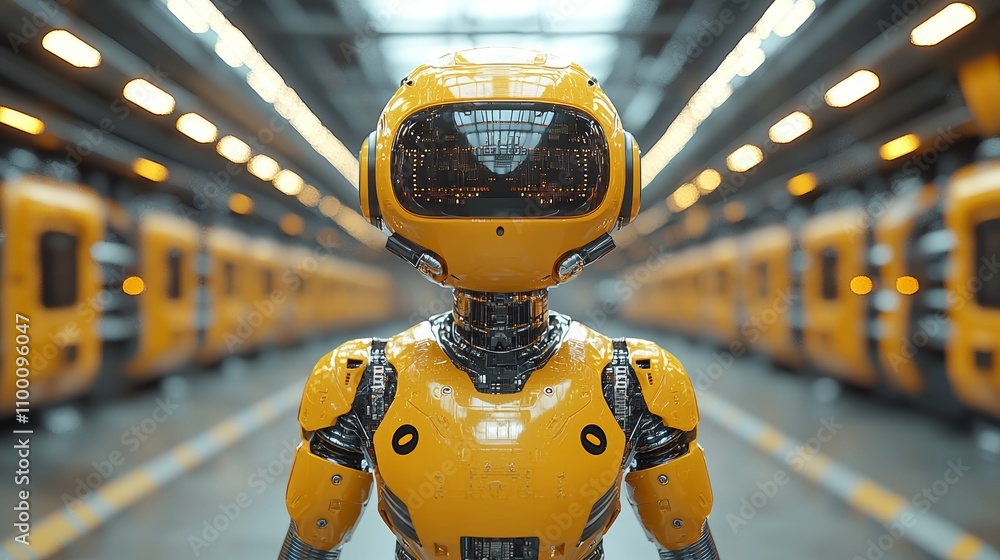Poster robot with yellow design in modern factory setting