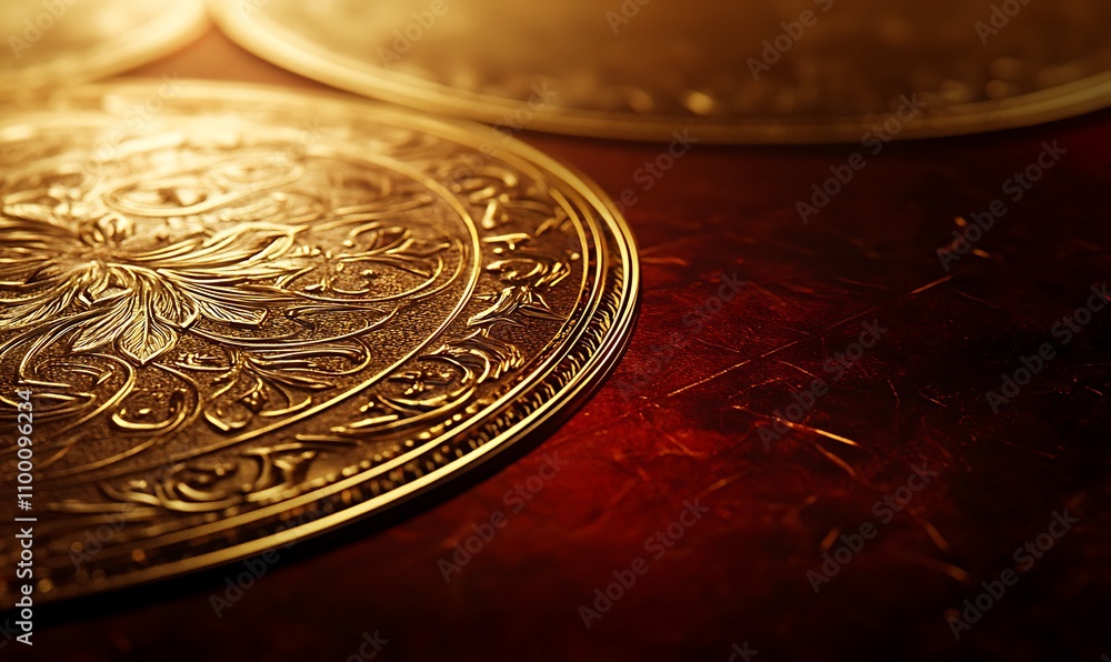 Poster close-up of intricately designed golden coins resting on a textured surface.