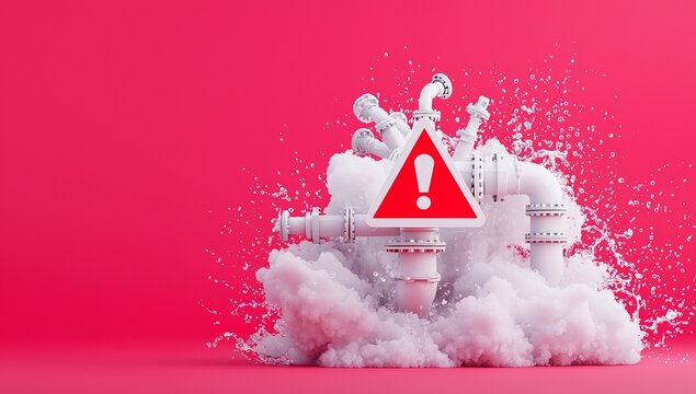 Exclamation marks forming from leaking water indicate a plumbing emergency.