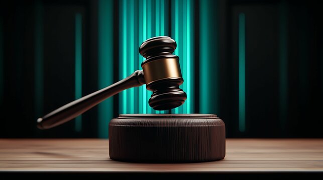 Law restriction review. A wooden gavel rests on its block, symbolizing justice and authority, set against a vibrant teal background.