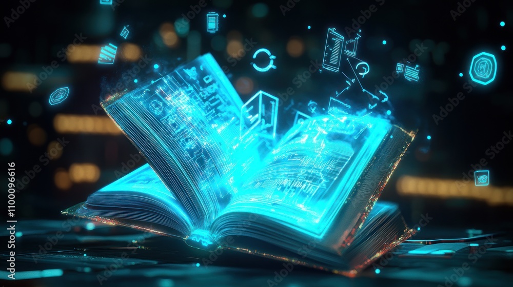 Poster an open book emitting holographic data and symbols, representing knowledge and technology.