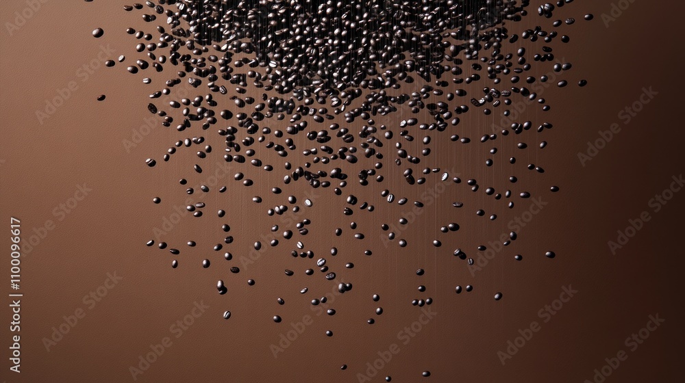 Poster a cascade of small dark spheres against a brown backdrop, creating a dynamic visual effect.