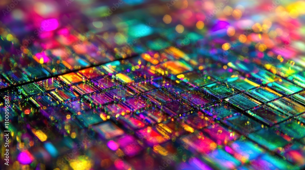 Poster a vibrant, textured close-up of a microchip showcasing colorful patterns and reflections.