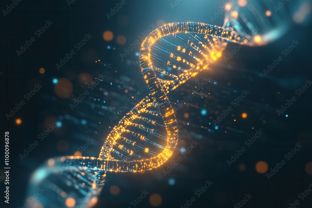 Poster an abstract representation of a glowing dna double helix, showcasing intricate details and vibrant c
