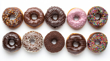Fototapeta premium Various donuts with vibrant, colorful toppings and smooth icing isolated on a white background.