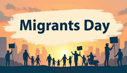 Dynamic banner illustration depicting a gathering for Migrants Day, highlighting the importance of community and solidarity.