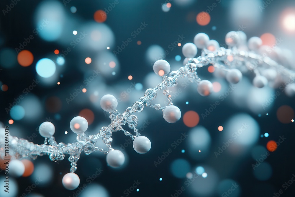 Poster A vibrant, abstract representation of a strand adorned with luminous orbs, set against a dark background with colorful bokeh effects.