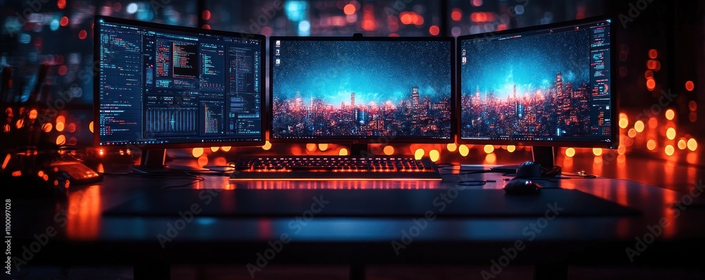 Poster a modern gaming setup with three monitors and ambient lighting in a dark environment.