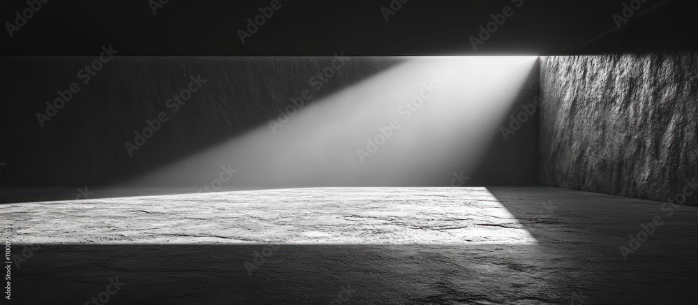 Poster a minimalistic space illuminated by a beam of light, creating a stark contrast.