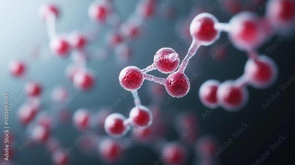 Poster A 3D visualization of molecular structures, featuring red atoms connected by bonds, set against a soft gradient background.