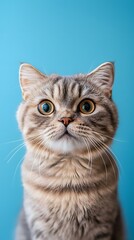 Fototapeta premium Fluffy scottish fold cat indoor studio portrait blue background close-up pet photography