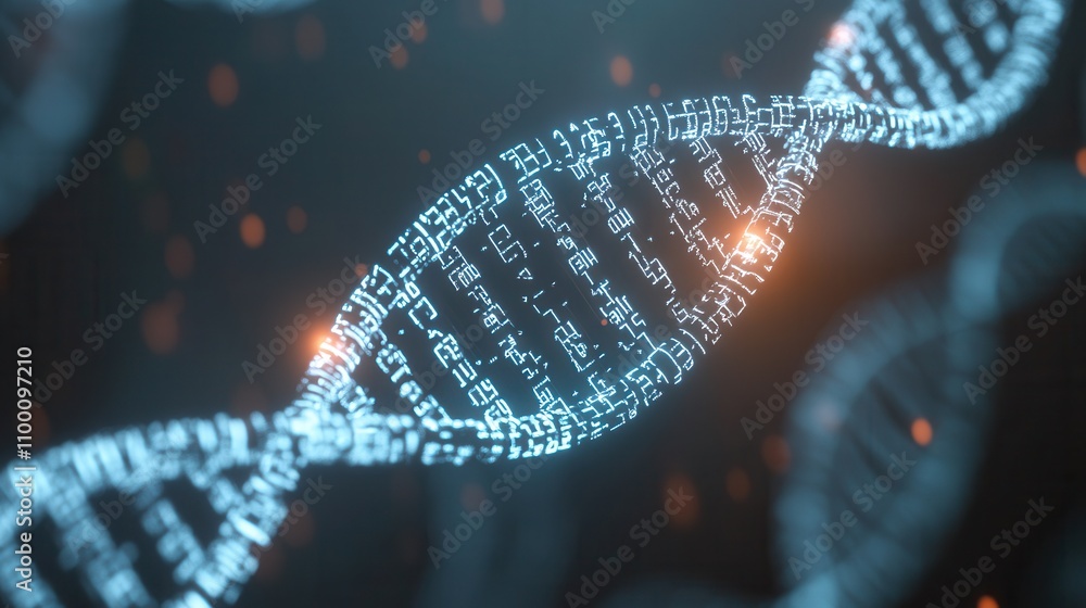 Poster a close-up visualization of a dna double helix, highlighted with glowing elements, representing gene